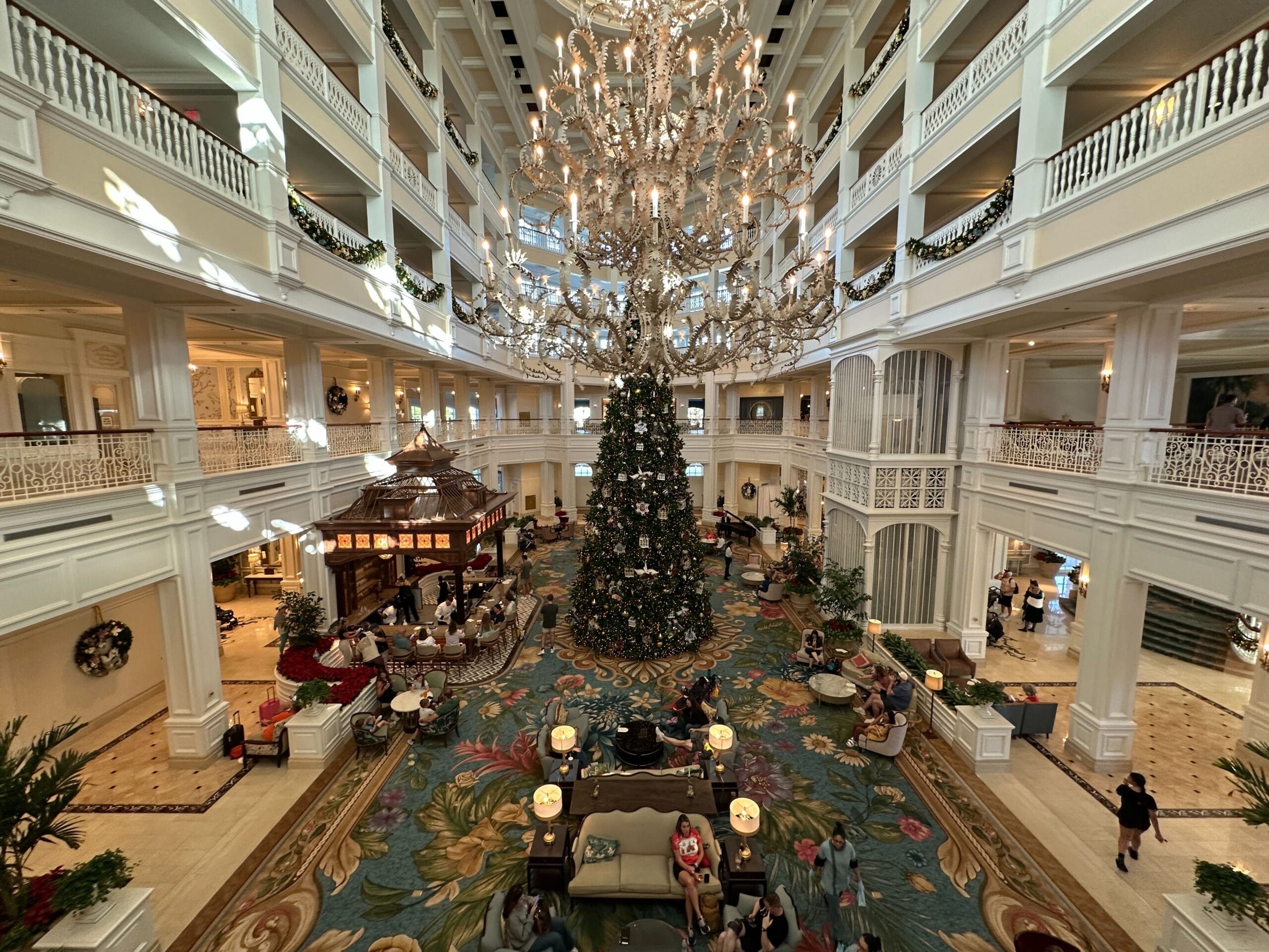 Disney's Grand Floridian Resort & Spa Christmas tree has been installed in the resort lobby for the 2025 holiday season, along with other festive décor.