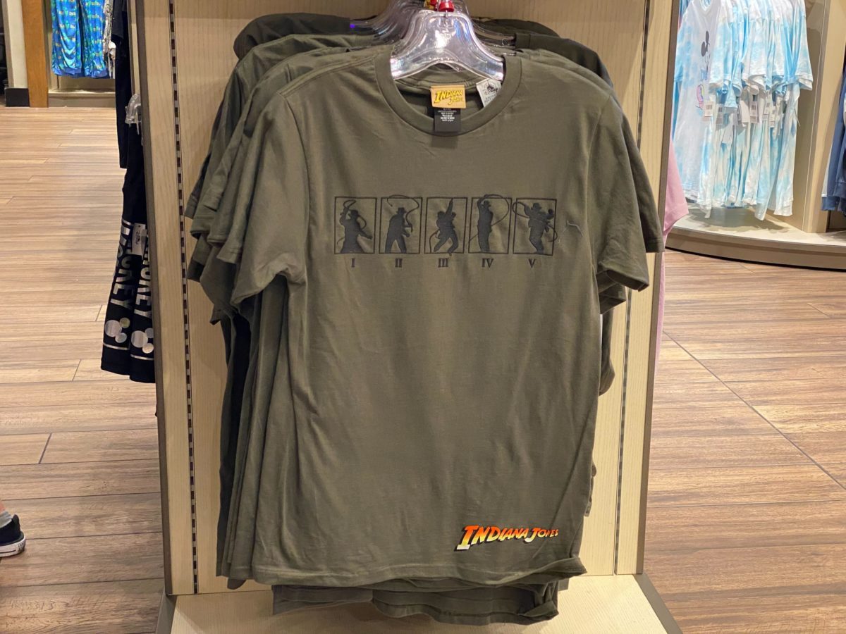 Indiana Jones shirt front on end cap featuring silhouettes from each movie including new one