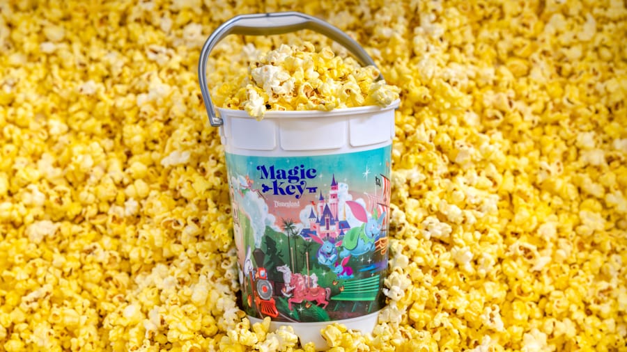 Disney 100 Magic Key Refillable Popcorn Bucket featuring Walt and a variety of Disney characters at Disneyland Disney 100 Magic Key Refillable Popcorn Bucket featuring Walt and a variety of Disney characters at Disneyland