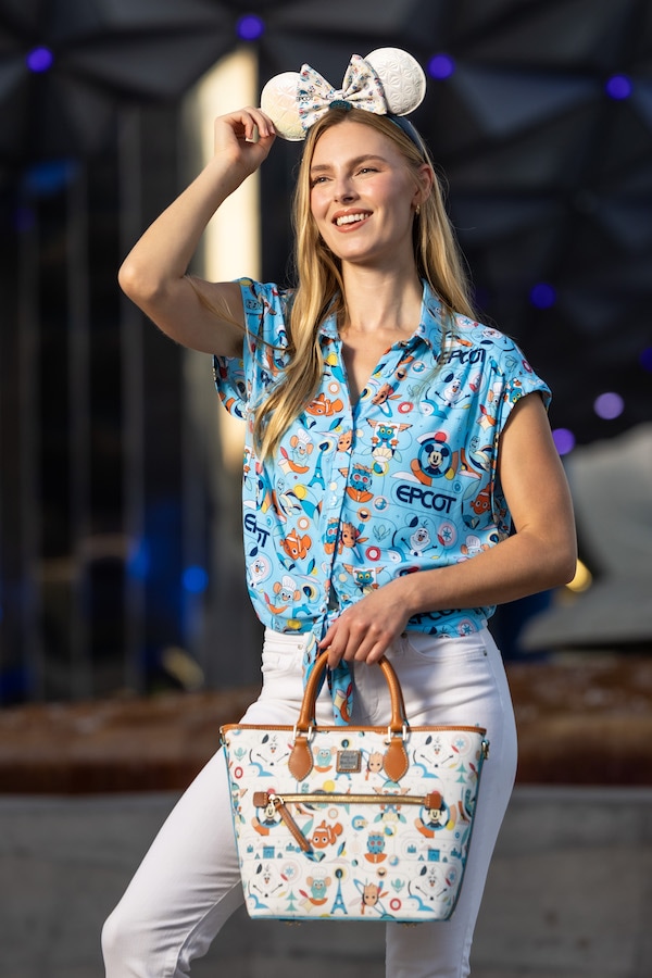 EPCOT Reimagined Woven Shirt and Fashion Top with matching Loungefly Ear Headband and Dooney & Bourke Handle Tote Bag EPCOT Reimagined Woven Shirt and Fashion Top with matching Loungefly Ear Headband and Dooney & Bourke Handle Tote Bag