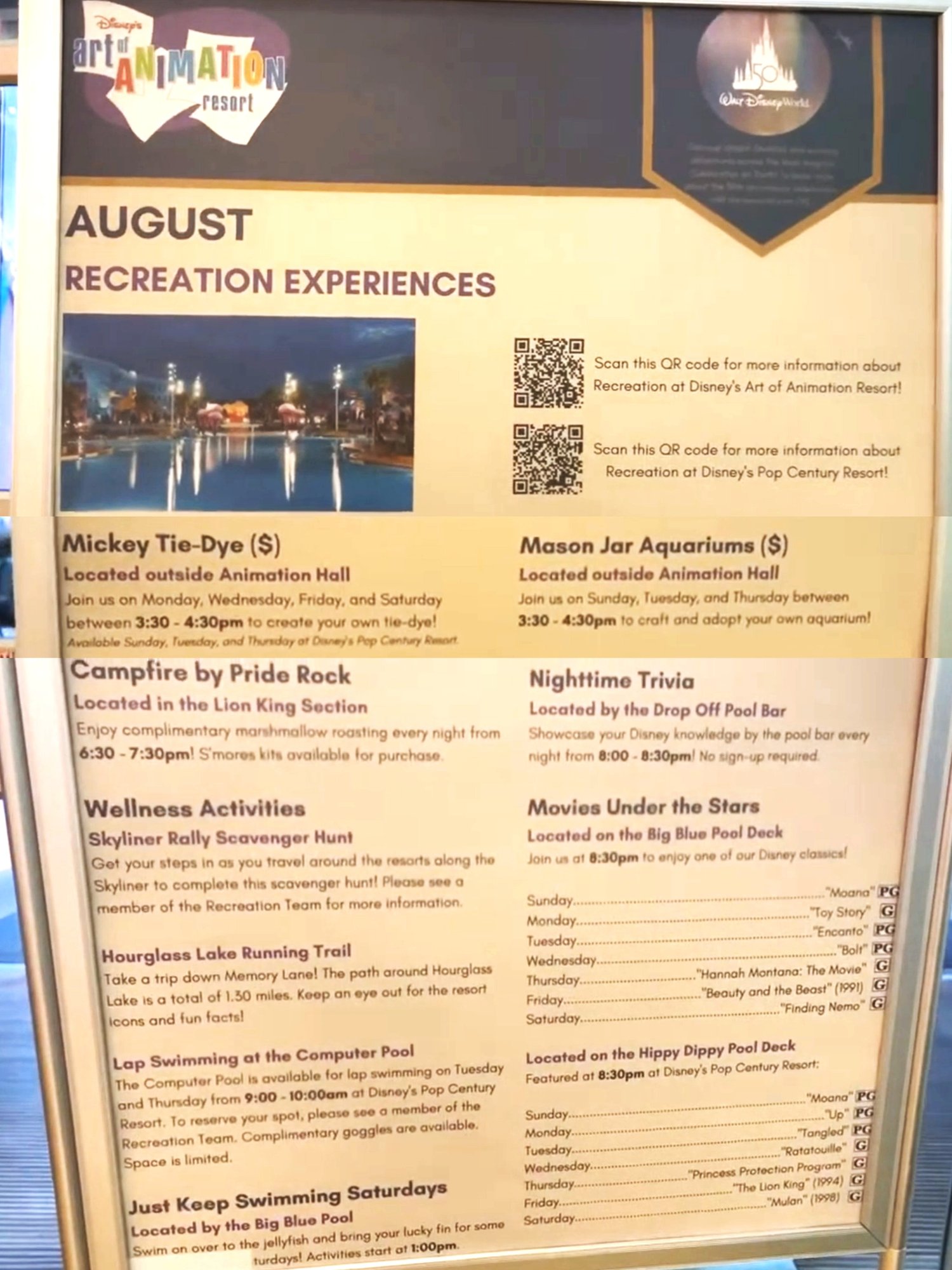 Walt Disney World Art of Animation Monthly Resort Recreation Calendar Activities Schedule August 2022