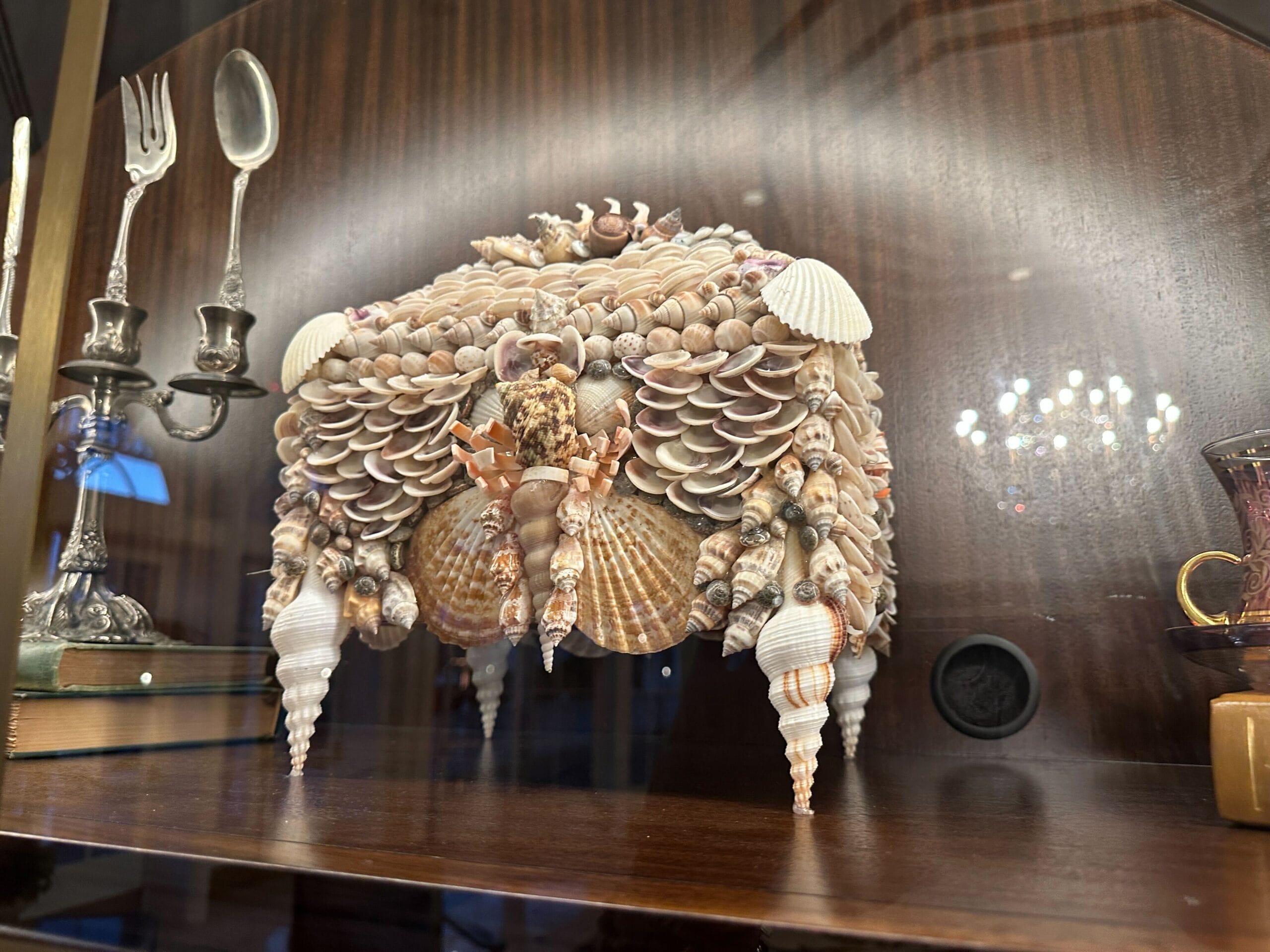 A decorative seashell box sits on a wooden shelf in a glass-front display case in the refurbished Grand Floridian lobby bar. A decorative seashell box sits on a wooden shelf in a glass-front display case in the refurbished Grand Floridian lobby bar.