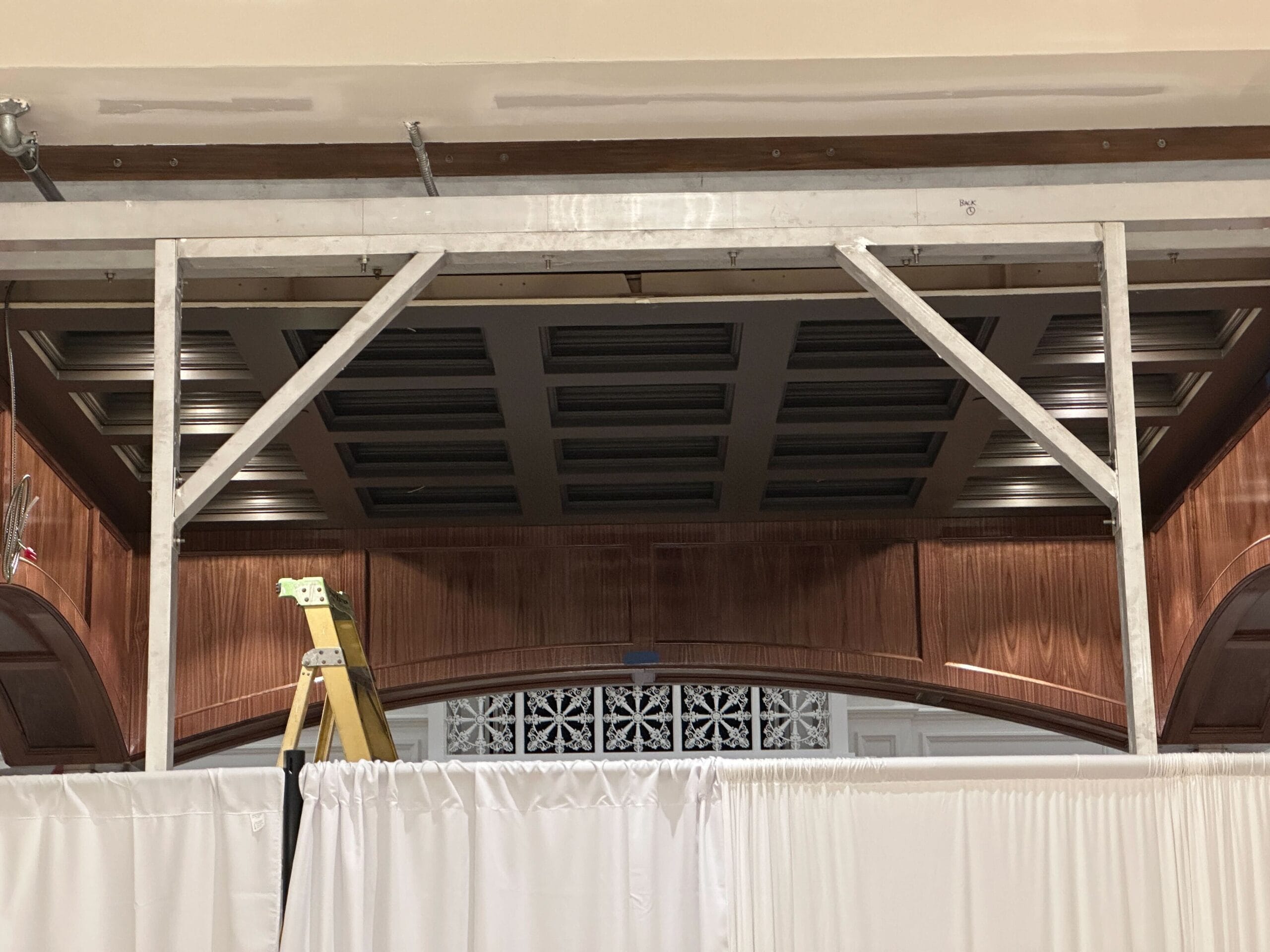 White-curtained barriers hide refurbishments in the lobby of Disney's Grand Floridian Resort. White-curtained barriers hide refurbishments in the lobby of Disney's Grand Floridian Resort.
