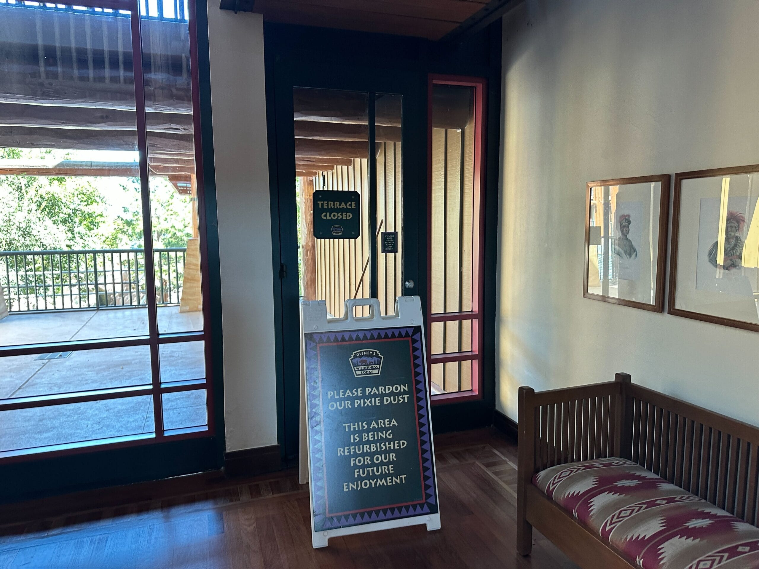 An indoor sign at a Disney park reads, Terrace closed. Area being refurbished for your future enjoyment, Disney style. An indoor sign at a Disney park reads, Terrace closed. Area being refurbished for your future enjoyment, Disney style.